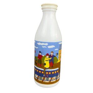 Vtg EGIZIA Italian Ceramic Milk Bottle With Village Train & Stazione Artwork